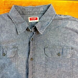Wrangler Mens Denim Shirt 2XL Solid Blue Jean Short Sleeve Western Cowboy Heavy